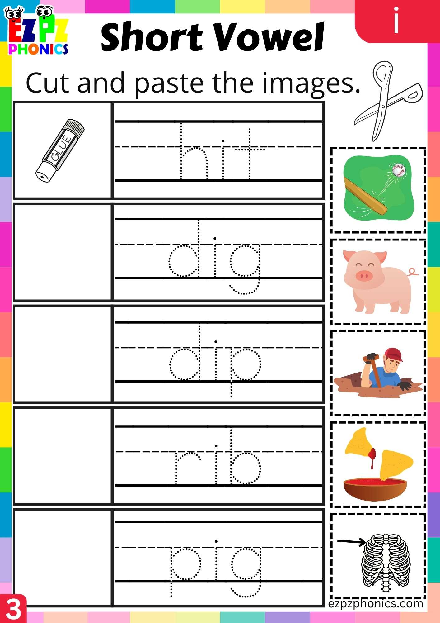 Group3 I Words Cut And Paste The Images Short Vowel CVC Words Worksheet